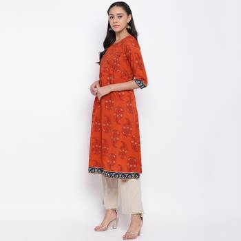 women's printed a-line cotton orange kurti 4