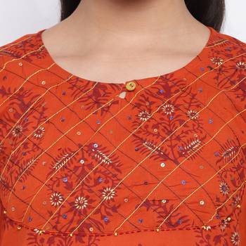 women's printed a-line cotton orange kurti 5