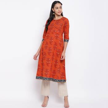 women's printed a-line cotton orange kurti 6