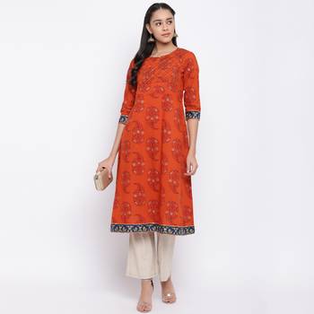 women's printed a-line cotton orange kurti 7