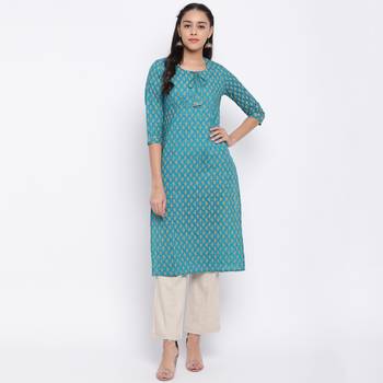 women's printed straight cotton aqua kurti 1