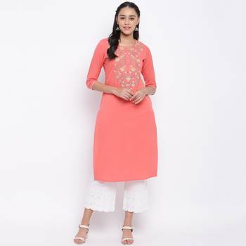 women's embroidered straight cotton peach kurti 1