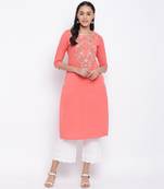 women's embroidered straight cotton peach kurti