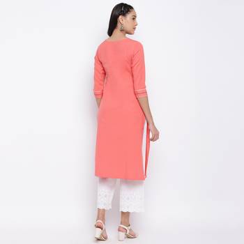 women's embroidered straight cotton peach kurti 2
