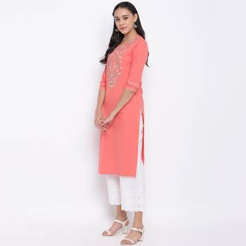 women's embroidered straight cotton peach kurti 3