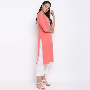 women's embroidered straight cotton peach kurti 4