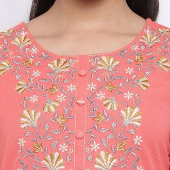 women's embroidered straight cotton peach kurti 5