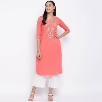 women's embroidered straight cotton peach kurti 6