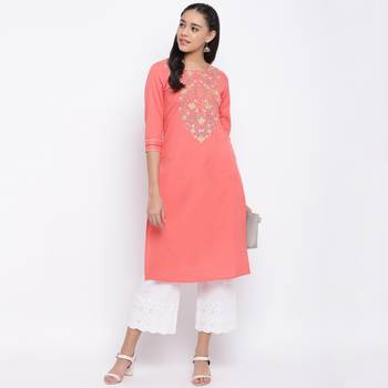 women's embroidered straight cotton peach kurti 7