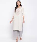 women's embroidered straight cotton off white kurti