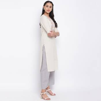 women's embroidered straight cotton off white kurti 3