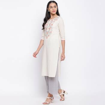 women's embroidered straight cotton off white kurti 4
