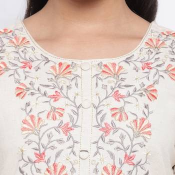 women's embroidered straight cotton off white kurti 5