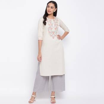 women's embroidered straight cotton off white kurti 6