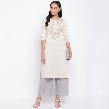 women's embroidered straight cotton off white kurti 7