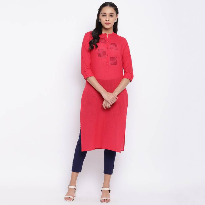 women's printed straight slub cotton pink kurti Vbuyz 3256838