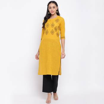 women's printed straight slub cotton yellow kurti 1