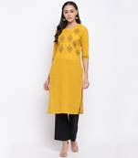 women's printed straight slub cotton yellow kurti