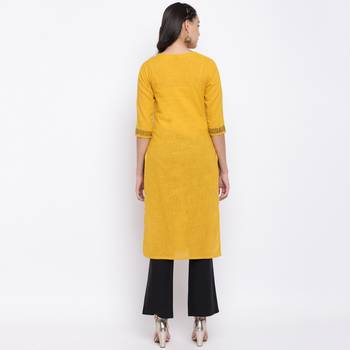 women's printed straight slub cotton yellow kurti 2