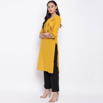 women's printed straight slub cotton yellow kurti 3