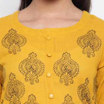 women's printed straight slub cotton yellow kurti 5
