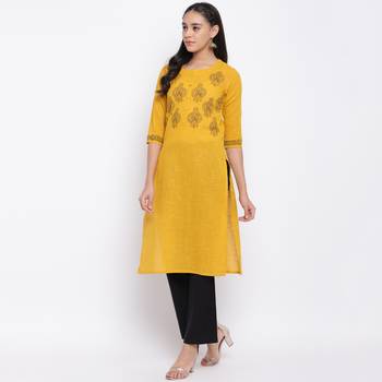 women's printed straight slub cotton yellow kurti 6