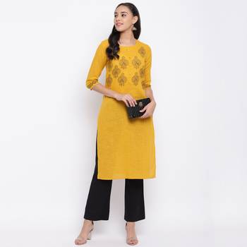 women's printed straight slub cotton yellow kurti 7