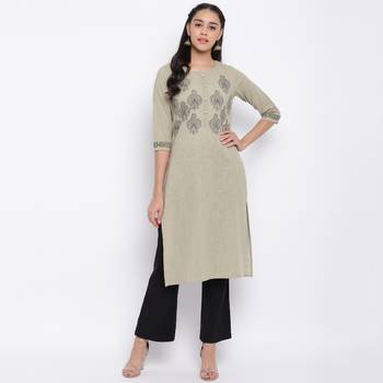 women's printed straight slub cotton beige kurti 1