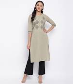 women's printed straight slub cotton beige kurti
