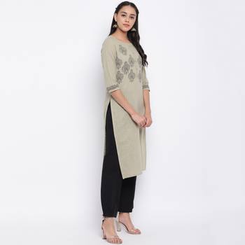women's printed straight slub cotton beige kurti 3