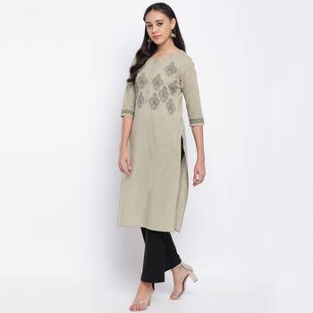 women's printed straight slub cotton beige kurti 4