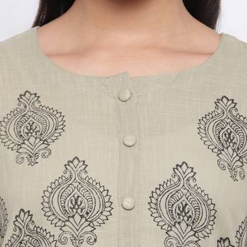 women's printed straight slub cotton beige kurti 5