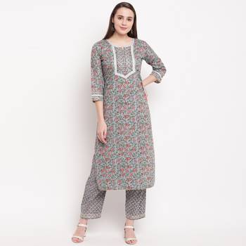 women's printed straight cotton grey kurti with pant set 1