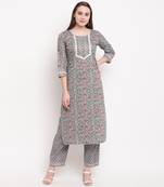 women's printed straight cotton grey kurti with pant set