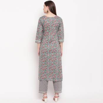 women's printed straight cotton grey kurti with pant set 2