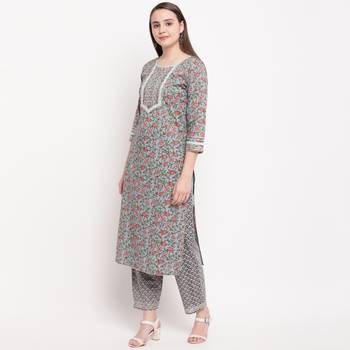 women's printed straight cotton grey kurti with pant set 3