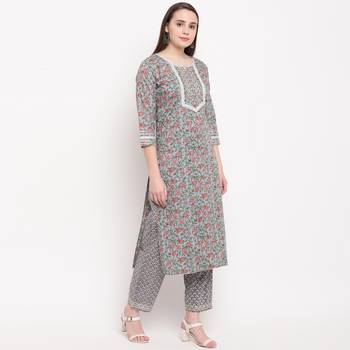 women's printed straight cotton grey kurti with pant set 4