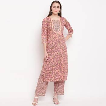women's printed straight cotton peach kurti with pant set 1