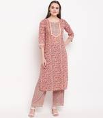 women's printed straight cotton peach kurti with pant set