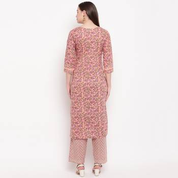 women's printed straight cotton peach kurti with pant set 2