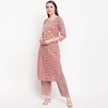 women's printed straight cotton peach kurti with pant set 3