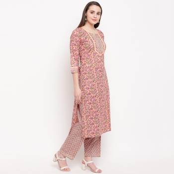 women's printed straight cotton peach kurti with pant set 4