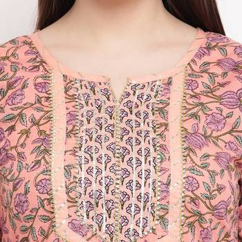women's printed straight cotton peach kurti with pant set 5