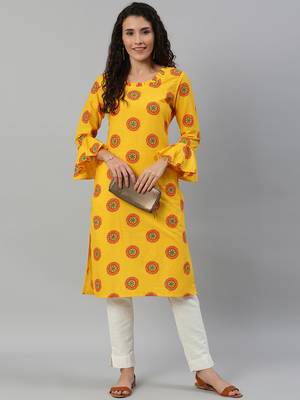 Straight Mustard Foil Printed Rayon Cotton Kurta For Girls's and Women's  1