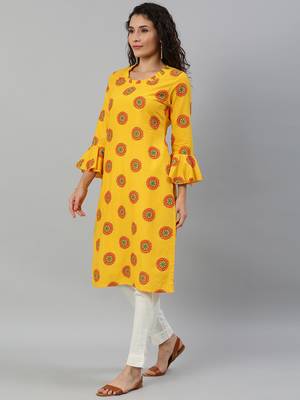 Straight Mustard Foil Printed Rayon Cotton Kurta For Girls's and Women's  3