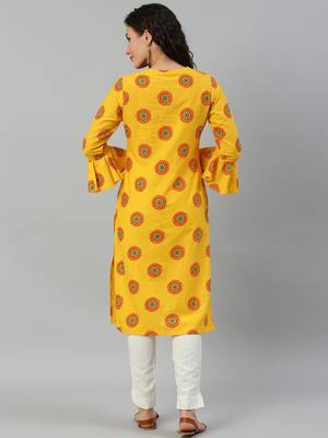 Straight Mustard Foil Printed Rayon Cotton Kurta For Girls's and Women's  4