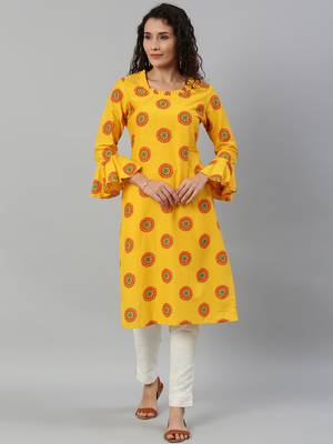 Straight Mustard Foil Printed Rayon Cotton Kurta For Girls's and Women's  5