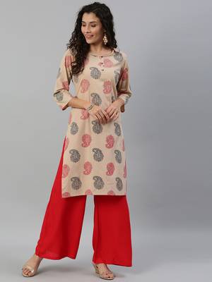 Blissta Cotton Printed Straight Kurta(Beige) 1