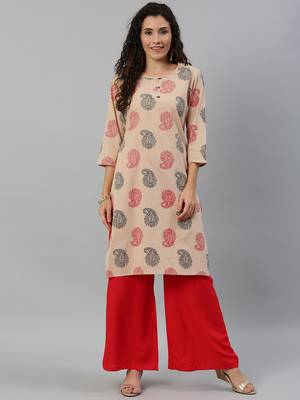 Blissta Cotton Printed Straight Kurta(Beige) 5