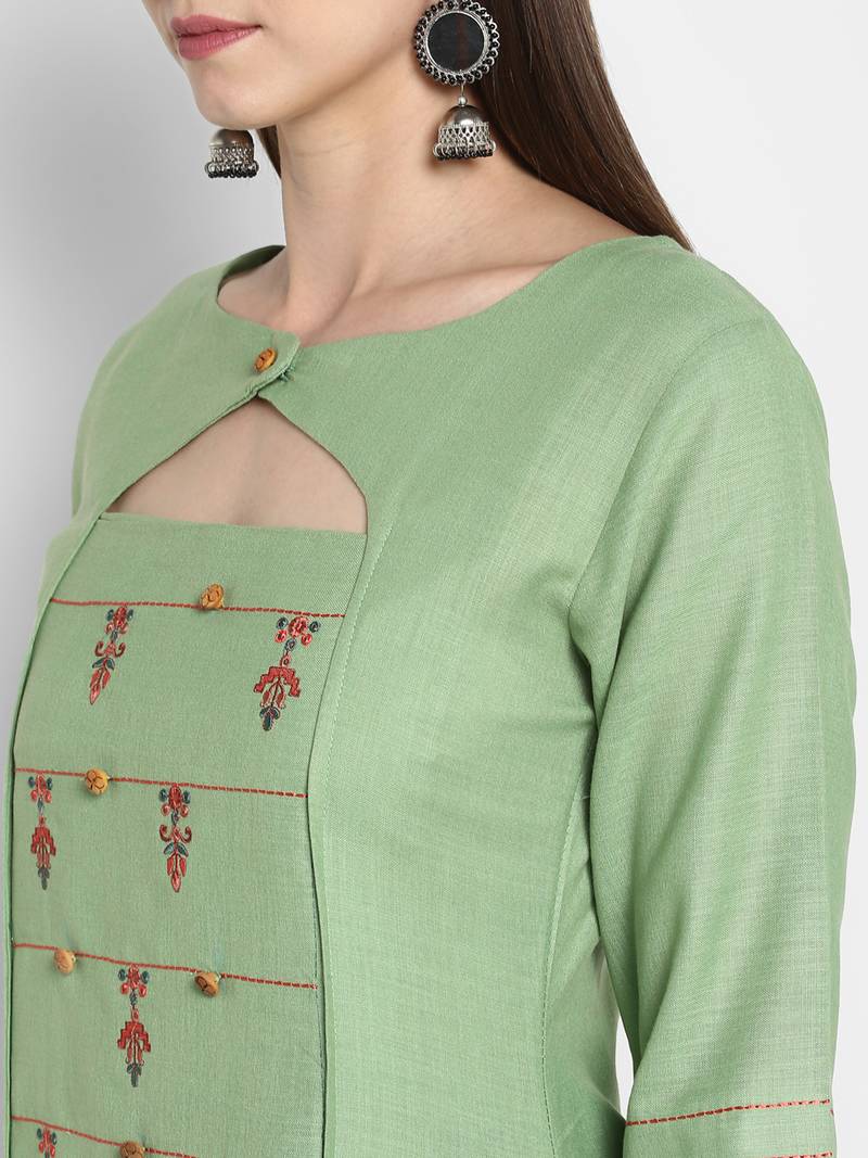 Paper Cotton Embroidered Stitched Kurti - (TS-091A-SeaGreen)